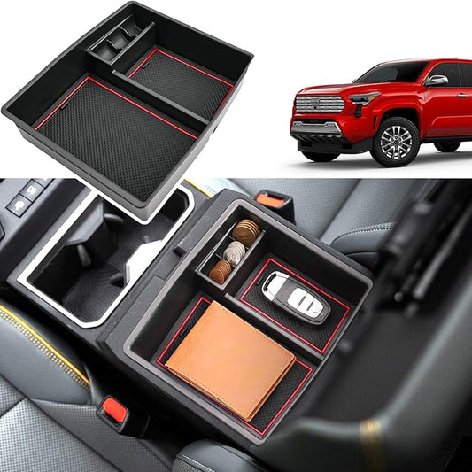 2024 2025 2026 Tacoma Center Console Organizer for Toyota Tacoma (All Trims), Durable ABS Plastic&Anti-Slip Rubber Console Tray Glove Insert 2025 2026 Tacoma Accessories (with Red Mats)