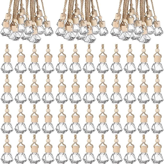 210Pcs 8ml Hanging Car Air Freshener Diffuser Empty Clear Glass Essential Diffuser Oil Aromatherapy Fragrance Perfume Pendant Glass Vials with Wooden Caps Hanging String Car Diffuser Bottles
