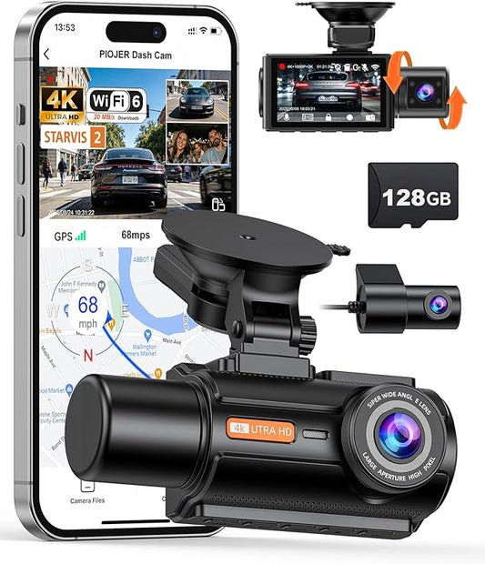 3 Channel 4K Dash Cam with STARVIS 2 Sensor, Free 128GB Card and WiFi 6 up to 20MB/s, Dash Camera for Cars with Front Rear Inside, 4K 2K 1080P, IR Night Vision, GPS, 24H Parking Mode, G-Sensor