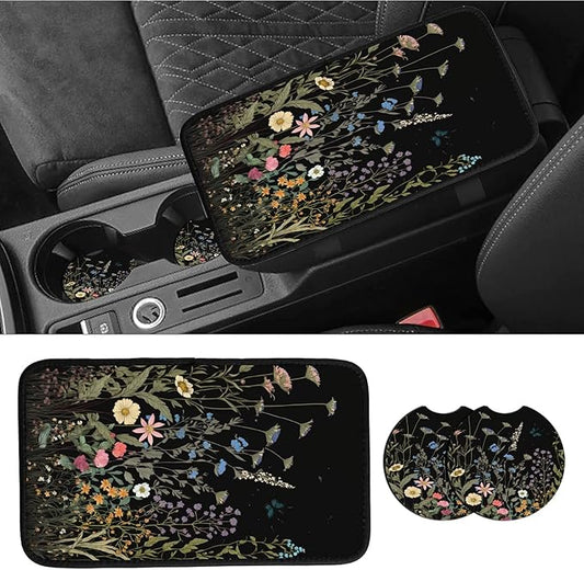 Car Armrest Cover Pads Universal Fashion Cute Auto Center Console Armrest Cover Pad with 2PCS Car Coasters Soft Waterproof Car Armrest Seat Protector for Women Girls, Wildflowers