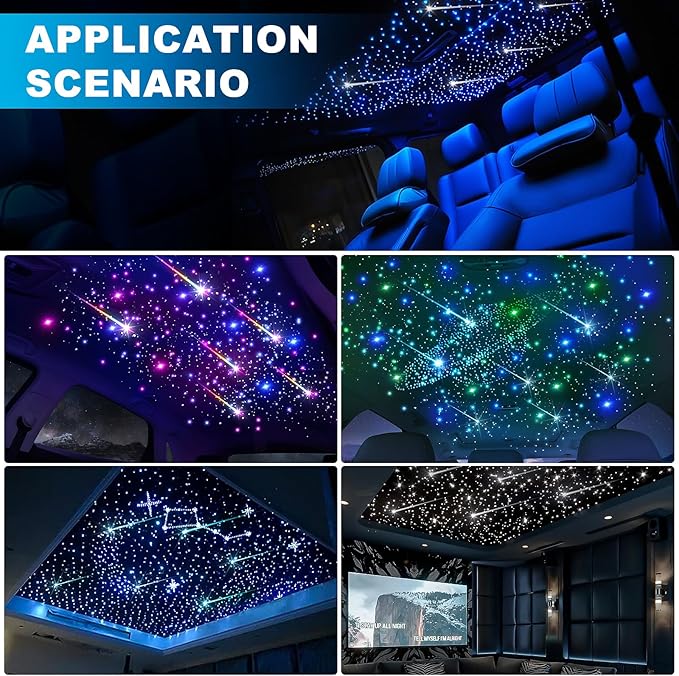 Car Starlight Headliner Kit, 4 Colors 32W Twinkle & Meteor Fiber Optic Ceiling Lights, 2 in 1 Light Engine 800pcs*0.03in*13.1ft+240 RGBW Shooting Stars Lights for Car Roof Décor
