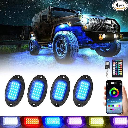 4 Pods Alloy RGB LED Rock Lights for ATV UTV RZR SUV SXS Golf Cart Trucks Car, Metal Waterproof Multicolor Underglow Kit with APP/RF Dual Remote Control Music Sync Brake Light, Neon Underbody 12V