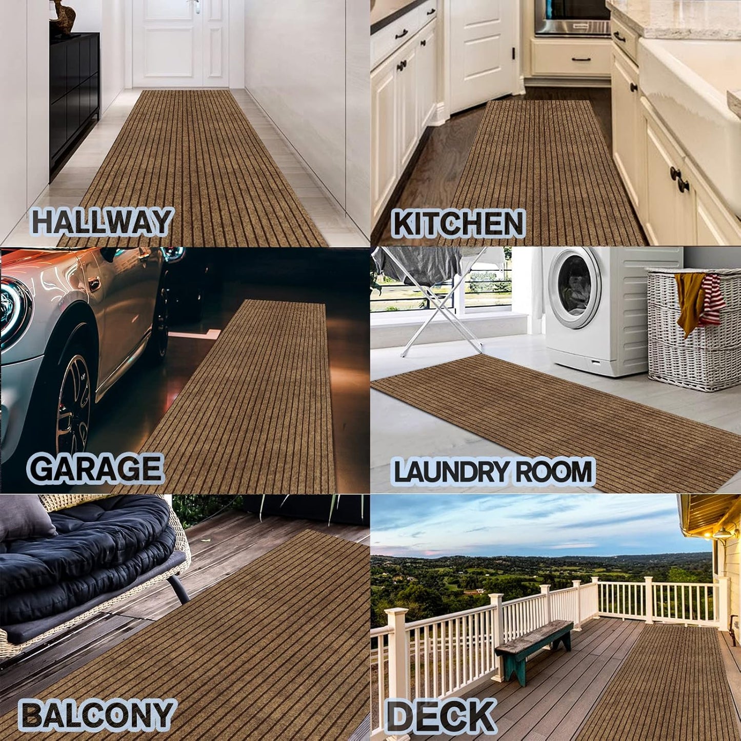 Custom Size Backed Non-Slip Area Rugs Runner, Easy Clean, Waterproof Runner Rugs for Hallway Entryway, Kitchen, Laundry, 2FT x 17FT, Brown Stripe