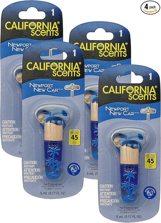 California Scent Air Fresheners Hanging Vial - New Car Scent: Hanging Air Freshener & Odor Eliminator for Strong Odor, 4 Packs