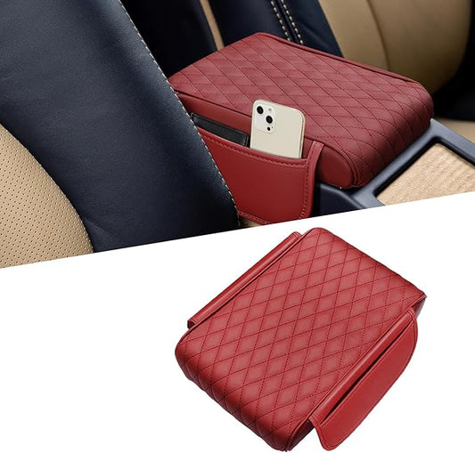 Car Center Console Cover, Napa Leather Car Armrest Cushion with Side Pockets, Memory Foam Auto Armrest Seat Box Mat, Universal Interior Armrest Protective Cover Accessories for Most Vehicle