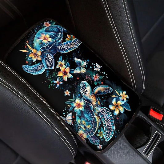 Car Center Console Cushion Pad Comfortable Auto Center Console Armrest Cover, Turtle Floral Car Interior Accessories Auto Armrest Box Cushion Pad for Most Cars
