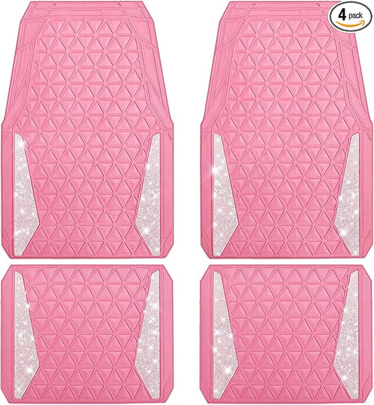 CAR PASS Bling Diamond Car Mats Rubber Floor Mats Full Set Anti-Slip 3D Rhombus Waterproof Trim to Fit Liner Universal Glitter Crystal Sparkly Shining Rhinestone Girl Women SUV Sedan Van, Pink Rubber