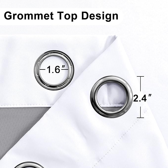 XWZO White 100% Blackout Curtains - Heat and Full Light Blocking Drapes with Black Liner for Bedroom/Laundry Room, Grommet Top Window Panels with Tiebacks, White, W52 x L72, Set of 2