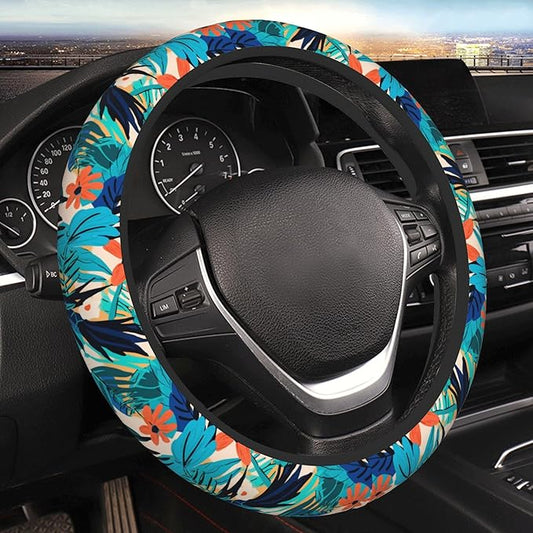 Car Steering Wheel Cover,Tropical Leaves Universal Non Slip Wheel Protector 15 Inch Elastic Car Accessories for Men Women