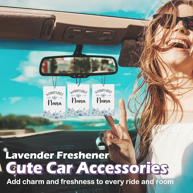 Nana Grandma Gifts Car Air Freshener Accessories 3pcs, World's Best Gifts for Granmda Christmas, Blue Flower Rustic Hanging Scent Lavender Fragrance Card for Women Closet Bathroom Home Decor