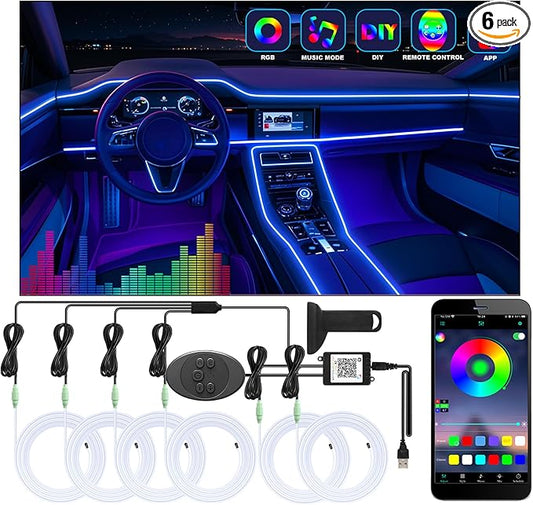 6 in 1 Car Led Strip Lights with App Control, RGB Colors Interior Car Lights, Ambient Led Lighting Kit, 4 Light Flashing Modes, USB Neon Accessories for Doors, Center Console