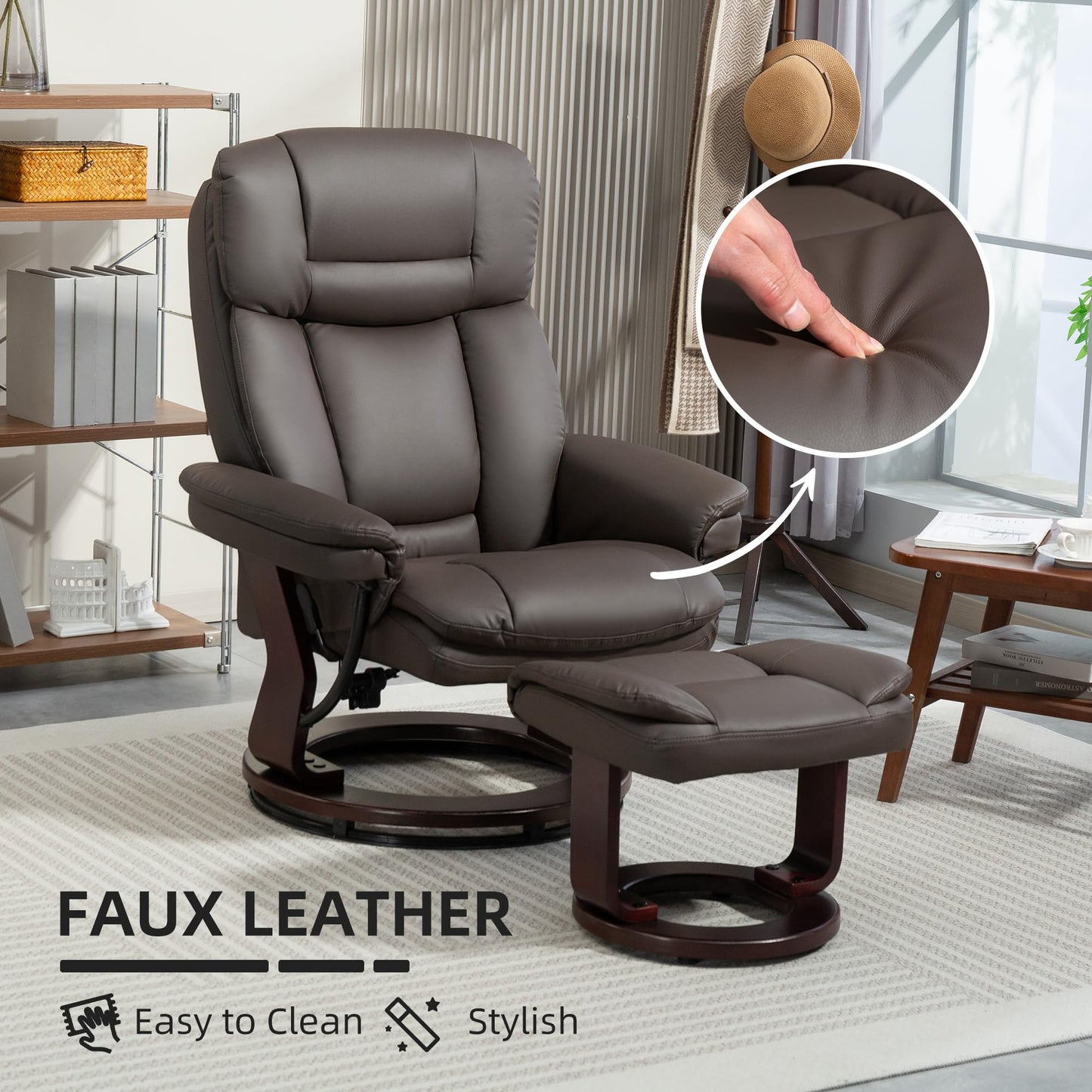 HOMCOM Swivel Recliner Chair with Ottoman, PU Leather Recliner with Adjustable Backrest, Footrest, Wood Base, Upholstered Reclining Chair for Living Room, Bedroom, Office, Dark Brown