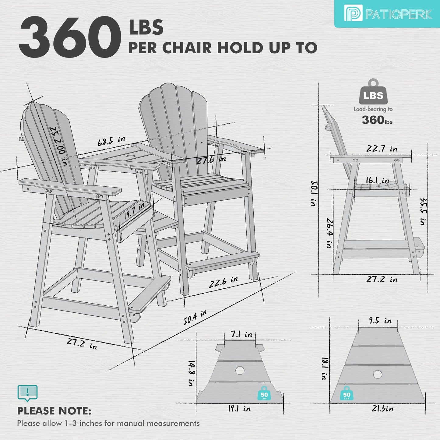 PatioPerk Tall Adirondack Chair Set of 4 with Double Connecting Tray, Recycled HDPE with Wood Grain, Weather Resistant, Outdoor Adirondack Chairs for Deck, Balcony, Patio, Backyard, Navy Blue