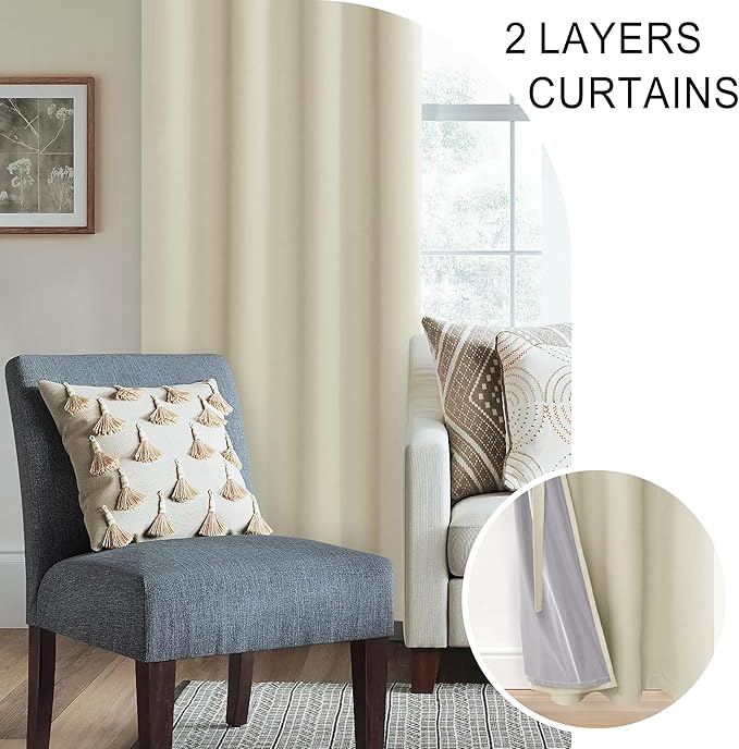 XWZO 100% Blackout Curtains - Heat and Full Light Blocking Drapes with Black Liner for Bedroom/Laundry Room, Grommet Top Window Panels with Tiebacks, Beige, W60 x L63, Set of 2