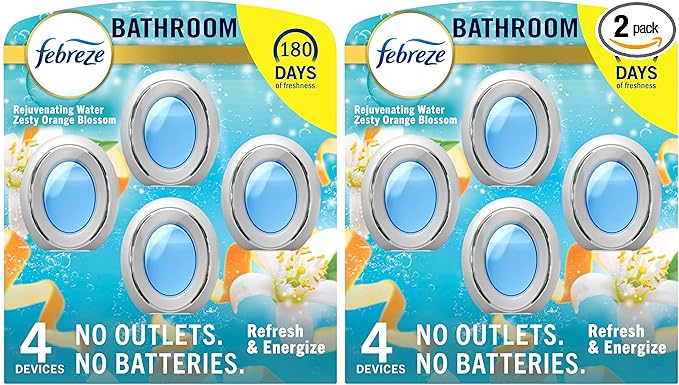 Febreze Bathroom Air-Freshener, Odor-Fighting, Plug In Alternative, Air-Fresheners for Home, Bathroom, & Kitchen, Closet, Pet & Litter Box Odor Fighter, Refresh & Energize Scent, 4ct, (Pack of 2)