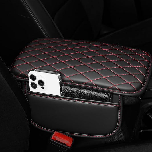 Center Console Cover Fit for Kia Soul 2010-2025 with 2 Storage Bags Waterproof Leather Quilted Pattern Car Armrest Cover Cushion Anti - Slip(Black&Red Line)