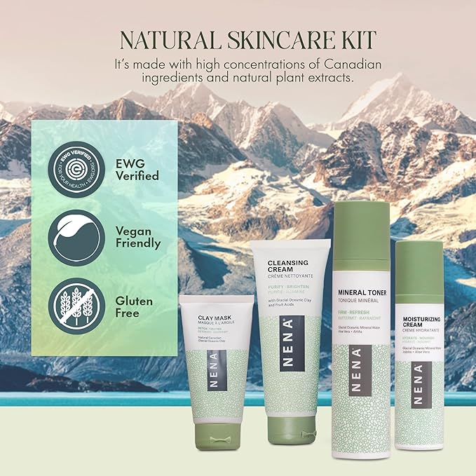 NENA Skincare Natural Skincare Kit - Cleansing Cream Face Wash - Clay Mask for Face - Mineral Hydrating Toner - Moisturizing Cream - Vegan - 4 Pc
