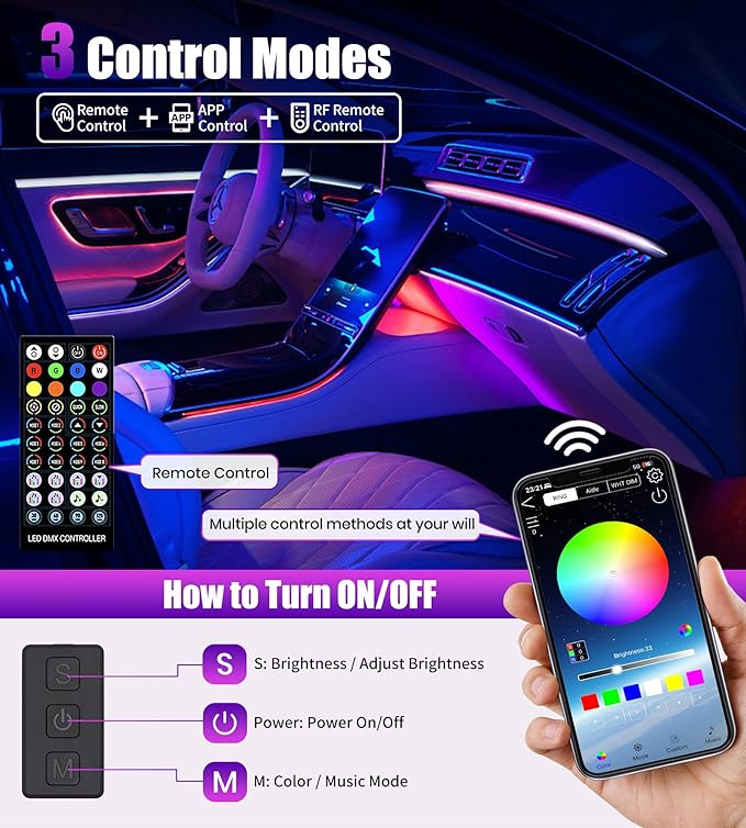 KENANEK 55.12inch Acrylic LED Lights for Car–6 Dreamcolor Interior Car LED Strip Light+2 footwell Lights, 3 Control Methods, Music Sync, Dual USB Cigarette Lighter, Universal Fit for Car/SUV/Truck