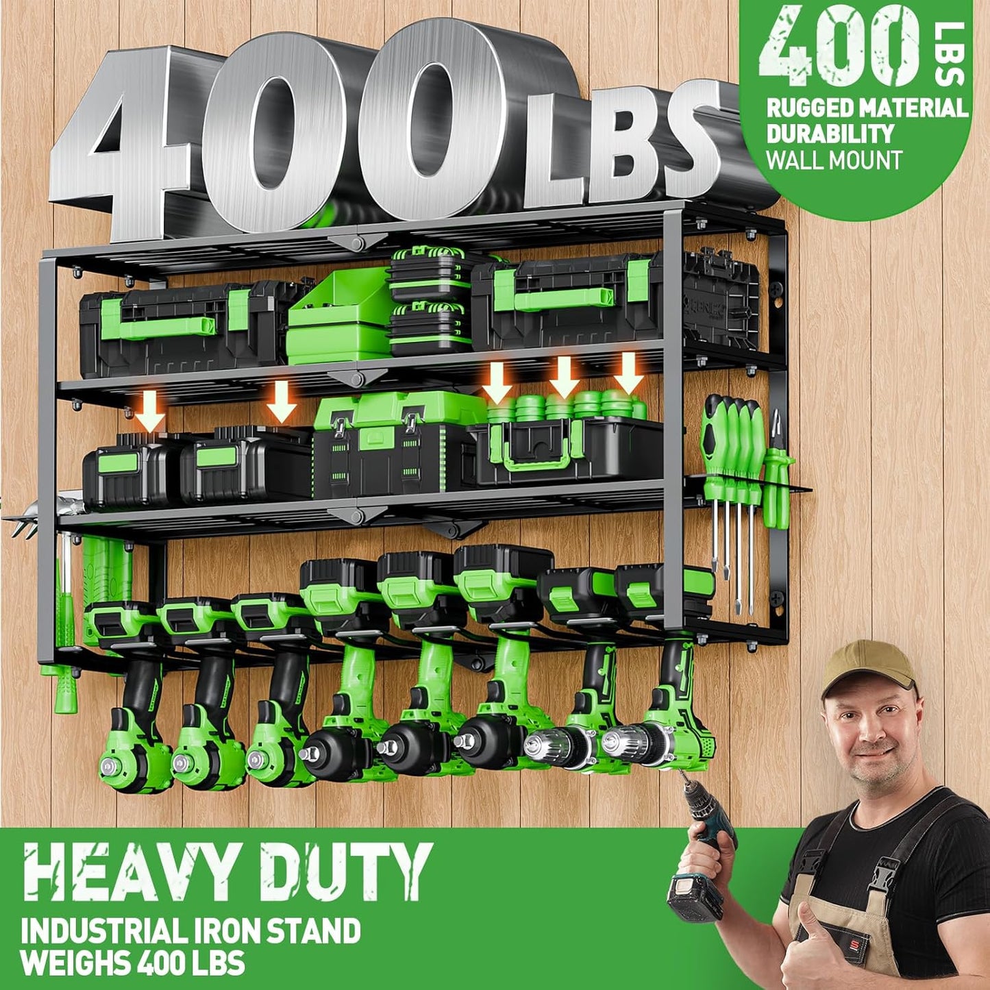 Power Tool Organizer Wall Mount, 4 Layers Tool Storage Rack with 8 Cordless Drill Holders, Power Tool Shelf Loads 400lbs for Garage, Warehouse, Workshop, Gifts for Men, Husband (Bohemian)