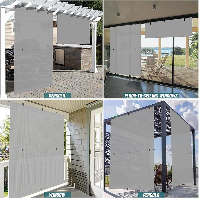Bynbbur 8'W x 12'H Outdoor Patio Shades Foldable Roller Blinds, 220 GSM Sun Shade Roll Up Porch Screens Exterior Shade Cloth for Deck Pergola Backyard, Light Gray