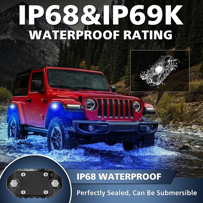 4WDKING Green LED Rock Lights, 4 Pods IP68 Waterproof Underbody Glow Trail Rig Lamp LED Neon Lights for Truck Off Road Truck Car Boat ATV SUV Motorcycle