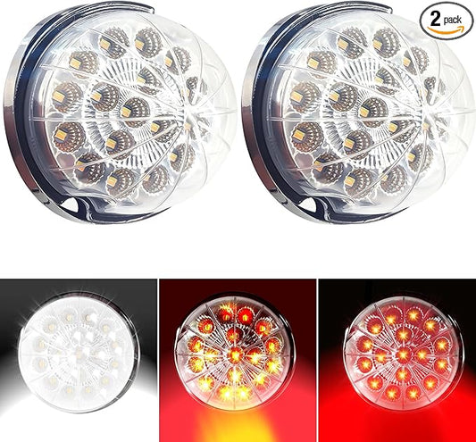 2PCS 17-LED Dual Revolution Watermelon Lights, Red Turn Signal & White Auxiliary with Clear Lens & Stainless Steel Bezel for Freightliner, Peterbilt, Heavy Trucks & Trailers