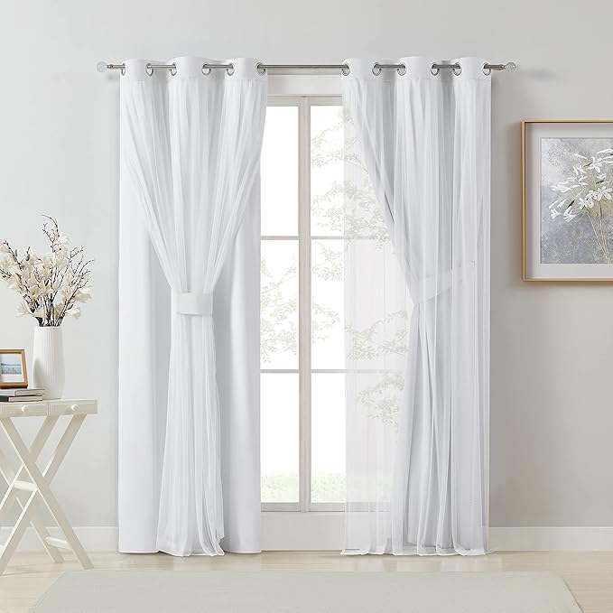 Bujasso White Full Blackout Curtain Panels with Sheer Overlay Mix and Match Double Layer Thermal Insulated Window Treatment Set for Living Room White Drapes with Tiebacks Grommet Top 54" Wx84 Lx2