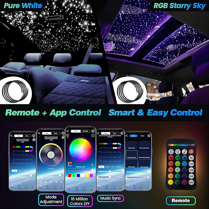Split Starlight Headliner Kit - 1600pcs 0.02in 4.9ft Fiber Optic RGBW Star Lights for Car with 8 Light Heads 16W Engine Easy to Hide,Flexible Wiring,APP/Remote Control for Car Roof Ceiling