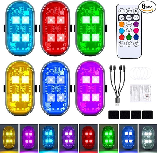 6PCS Wireless LED Lights with Remote Control, Upgraded 4LEDs 8 Colors, Interior Underglow Anti Collision Warning Strobe Light for Car Motorcycle Bike