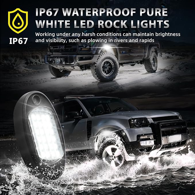 10 Pods Pure White LED Rock Lights with Power Swith Wiring Harness, 6000K Super Bright Waterproof Under Trailer Lighting White Underglow Kit for Trucks Trailer Offroad Pickup SXS ATV UTV