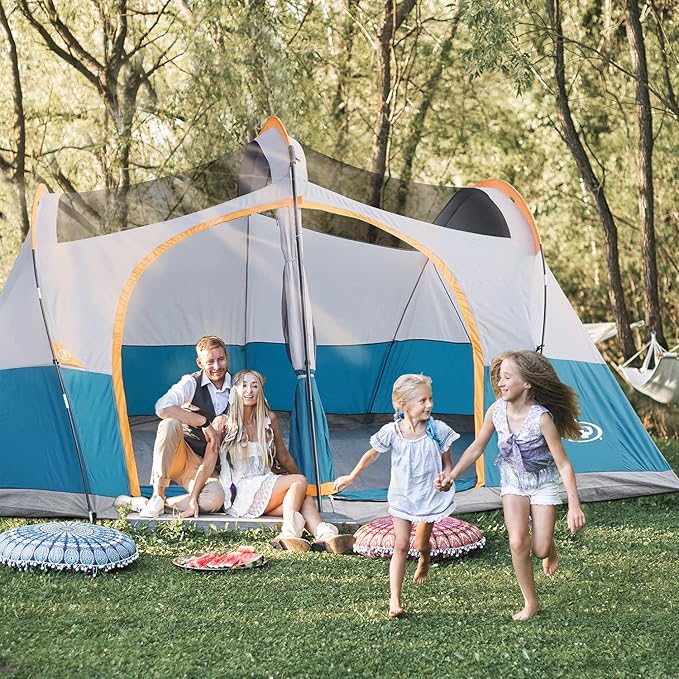 UNP Camping Tent 8/9 Person, Family Camping Tent, 5 Large Ventilation Mesh Windows, 14'x14'x78 inches Tall with Dividers Curtain for 2 Room