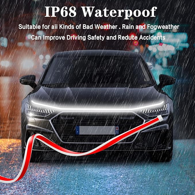 70 Inch Car Hood Light Strip, Dynamic LED DRL Daytime Running Light with Scan Start-up, 12V Flexible Waterproof Exterior Strip for Car, Truck, SUV, White