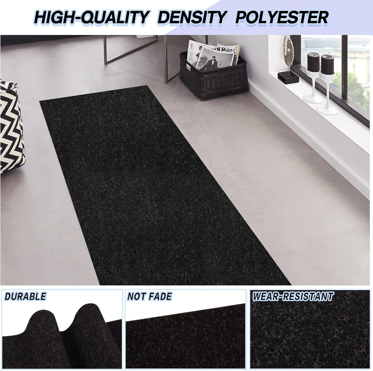 Custom Size Backed Non-Slip Area Rugs Runner, Easy Clean, Waterproof Runner Rugs for Hallway Entryway, Kitchen, Laundry, 4FT x 58FT, Black