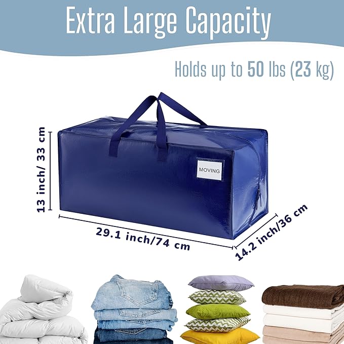 VENO 12 Pack Moving Bags w/Backpack Straps, Heavy Duty, Moving Boxes Alternative, Packing Supplies, Large Storage Totes for Dorm Room Essentials with Zipper for Clothes (Blue, 12 Pack)