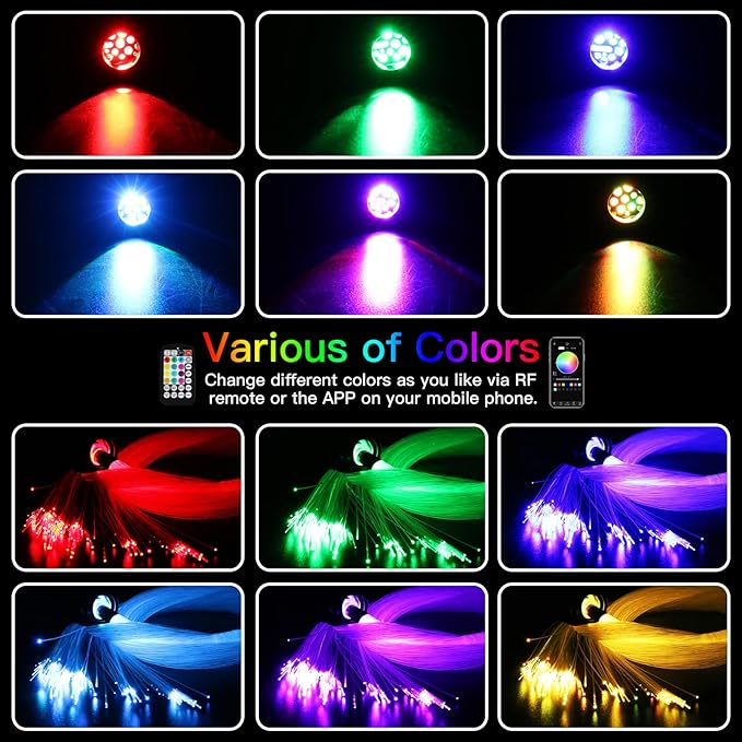 AZIMOM 16W Twinkle & Sound Activate 600pcs*0.03in*9.8ft Fiber Optic Starlight Headliner Kits for Car Home Star Ceiling Sky Decoration, APP& Remote Control Light Engine End Glow Fiber