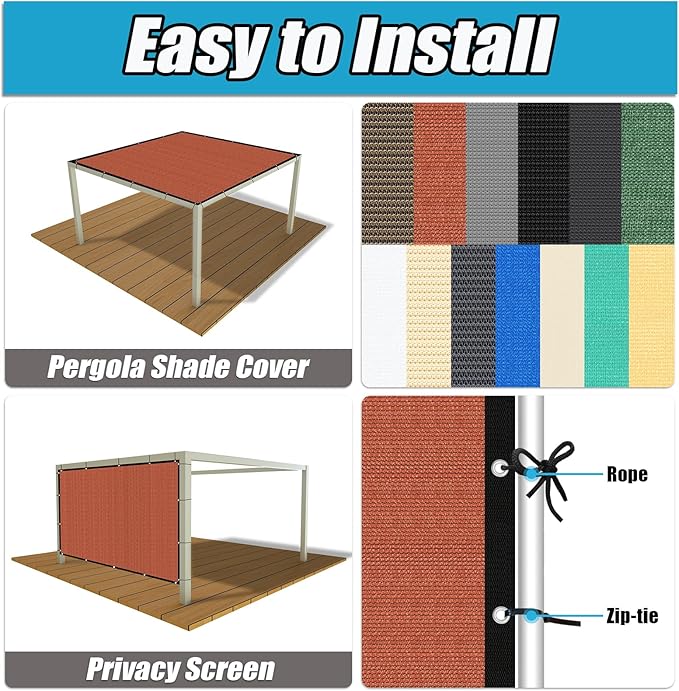 Amagenix 90% Pergola Shade Cover 8' X 18' Sun Shade Cloth with Grommets for Outdoor Garden Patio Porch, Commercial Grade 200 GSM - Cable Zip Ties Included (We Customized) GN108, Rust Red