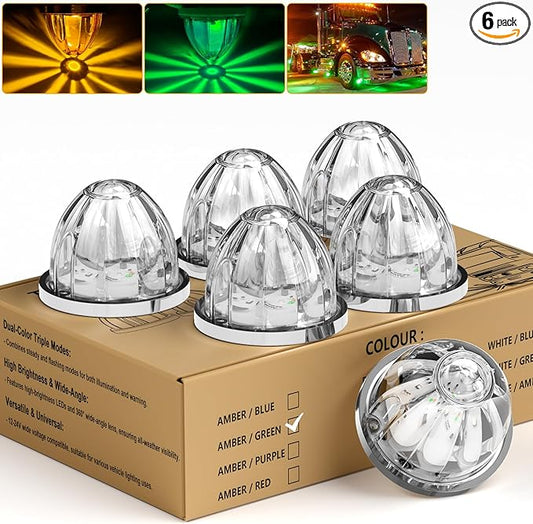 6-Pack Dual Color Watermelon Lights LED Strobe & Steady Cab Roof Clearance Warning Marker Lights with Clear Lens & Bezel Suitable for Trailer Kenworth Peterbilt Freightliner (Amber Green)