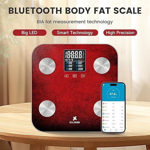 EILISON Digital Bathroom Scale with 4 Electrodes & BIA Technology High-Precision Smart Body Fat Analyzer,Large Color Night Vision Touchscreen,Bluetooth App Sync for 19 Metrics,396LBS Capacity (Red)