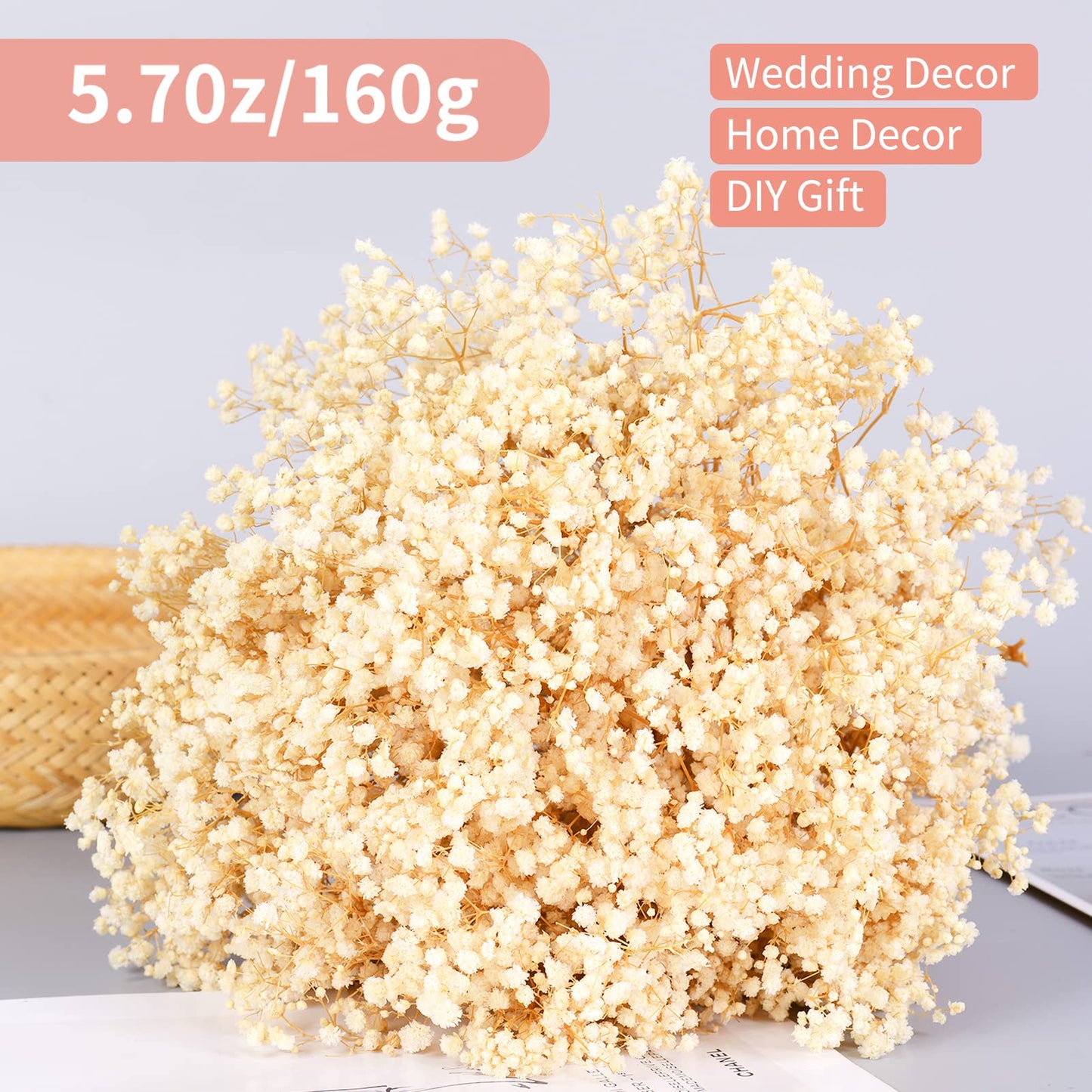 Dried Babys Breath Bouquet-17.2 inch Dried Flowers, Natural Gypsophila Branches for Home Decor, Wedding, Table Decor, DIY Wreath Floral, Dry Flowers Bulk for Vase (Ivory White max)