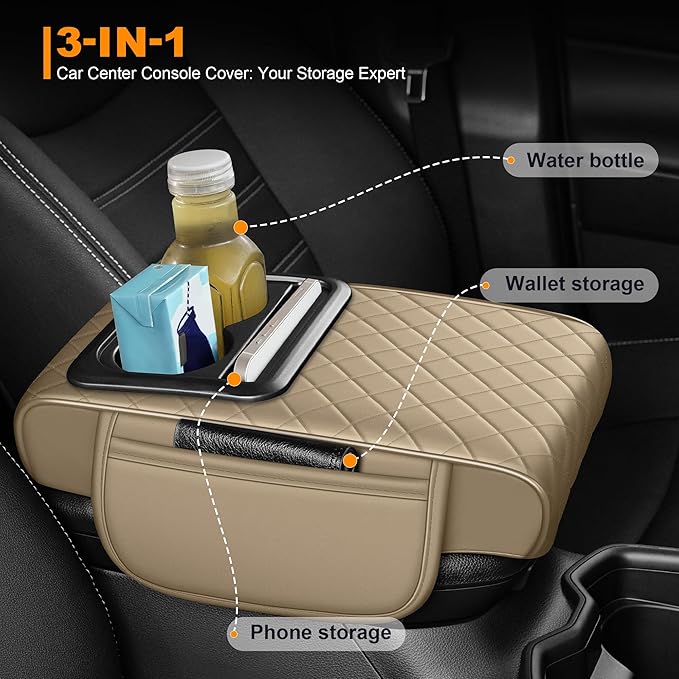Armrest Cover for Car Fit for Jeep Compass - Center Console Cover with Cup Holders and 2 Storage Pockets(Beige)