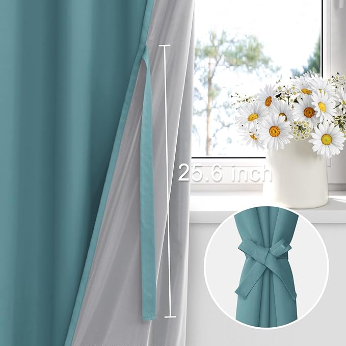 XWZO 100% Blackout Curtains - Thermal Insulated Black Liner Curtains, Noise Reducing and Heat Blocking Drapes for Hall and Studio Windows with Tiebacks, Stone Blue, W70 x L63, Set of 2