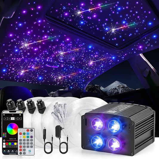 Car Starlight Headliner Kit, 4 Colors 32W Twinkle & Meteor Fiber Optic Ceiling Lights, 2 in 1 Light Engine 1100pcs*0.03in*13.1ft+240 RGBW Shooting Stars Lights for Car Roof Décor
