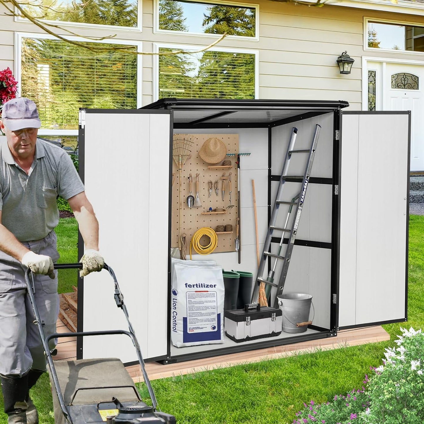 c Outdoor Storage Shed Waterproof Resin Cabinet Heavy Duty Metal Sheds, with Lockable Doors,Tool Sheds for Garden,Backyard,Lawn,Bikes and Patio Furniture,Easy Assembly,Gray