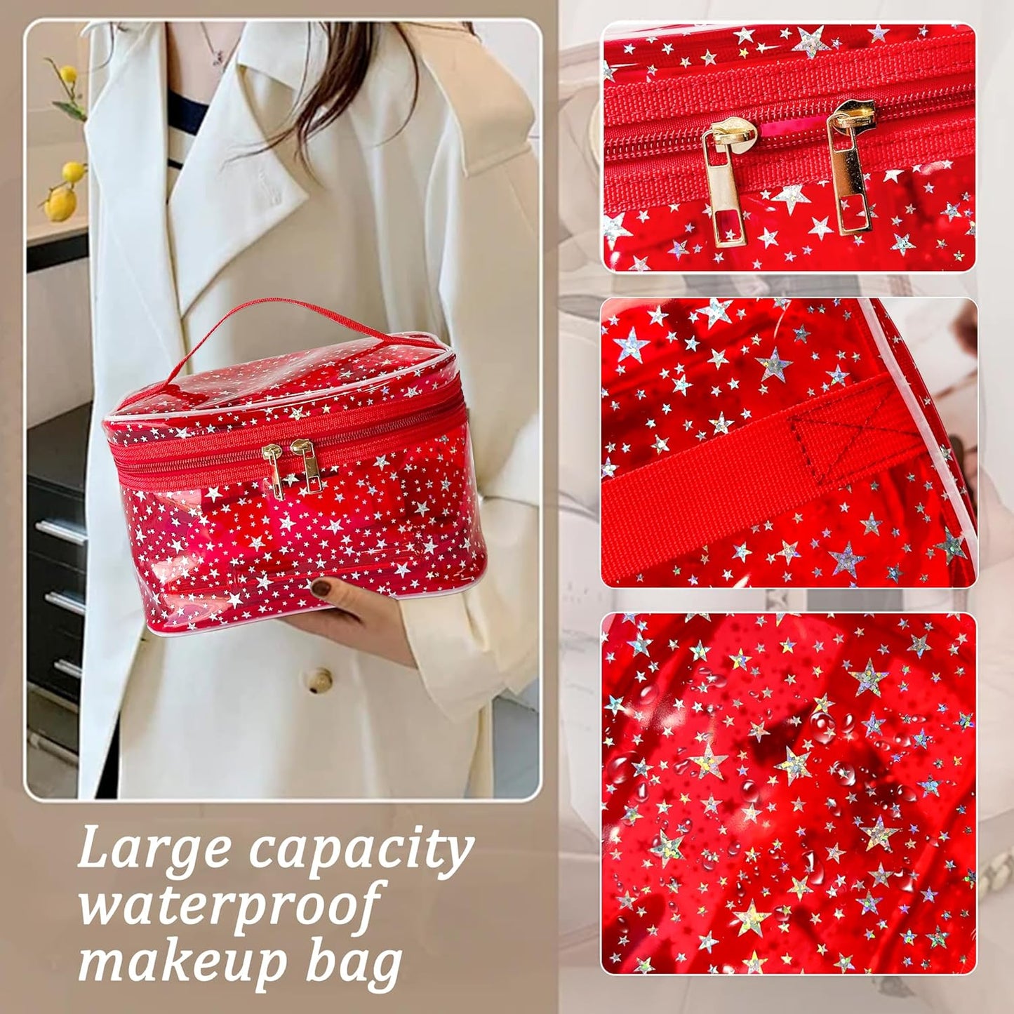 Holographic Makeup Bags Bulk,Clear Storage Bag Toiletry Pocket Portable Zippered Iridescent Pouch Waterproof Cosmetic Gift Bags for Women (Purple-L)