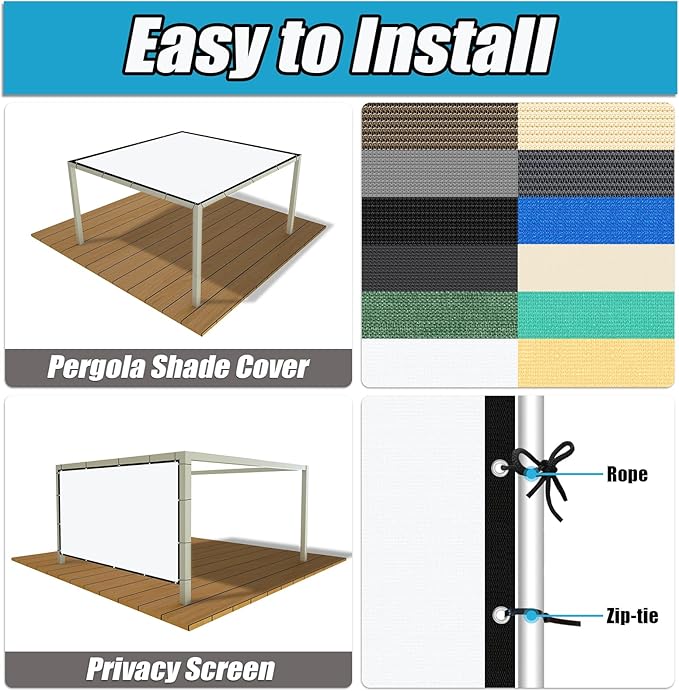 Amagenix 90% Pergola Shade Cover 8' X 13' Sun Shade Cloth with Grommets for Outdoor Garden Patio Porch, Commercial Grade 200 GSM - Cable Zip Ties Included (We Customized) GN108, White
