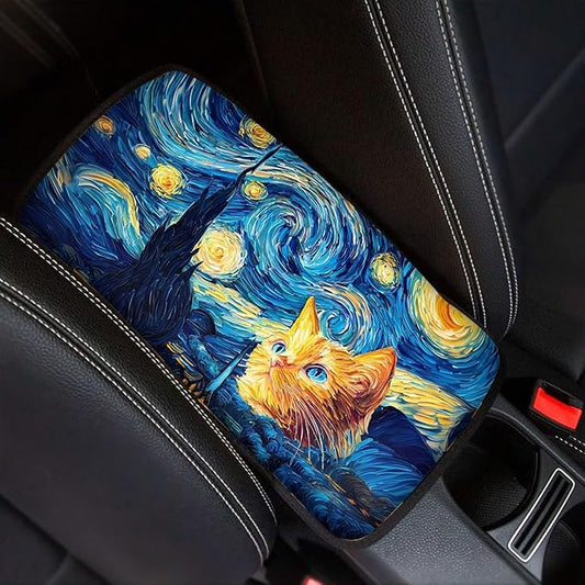 Car Center Console Pad for Women Men, Universal Oil Painting Starry Sky Cat Auto Armrest Box Protector for Most Cars SUV Trucks Vans