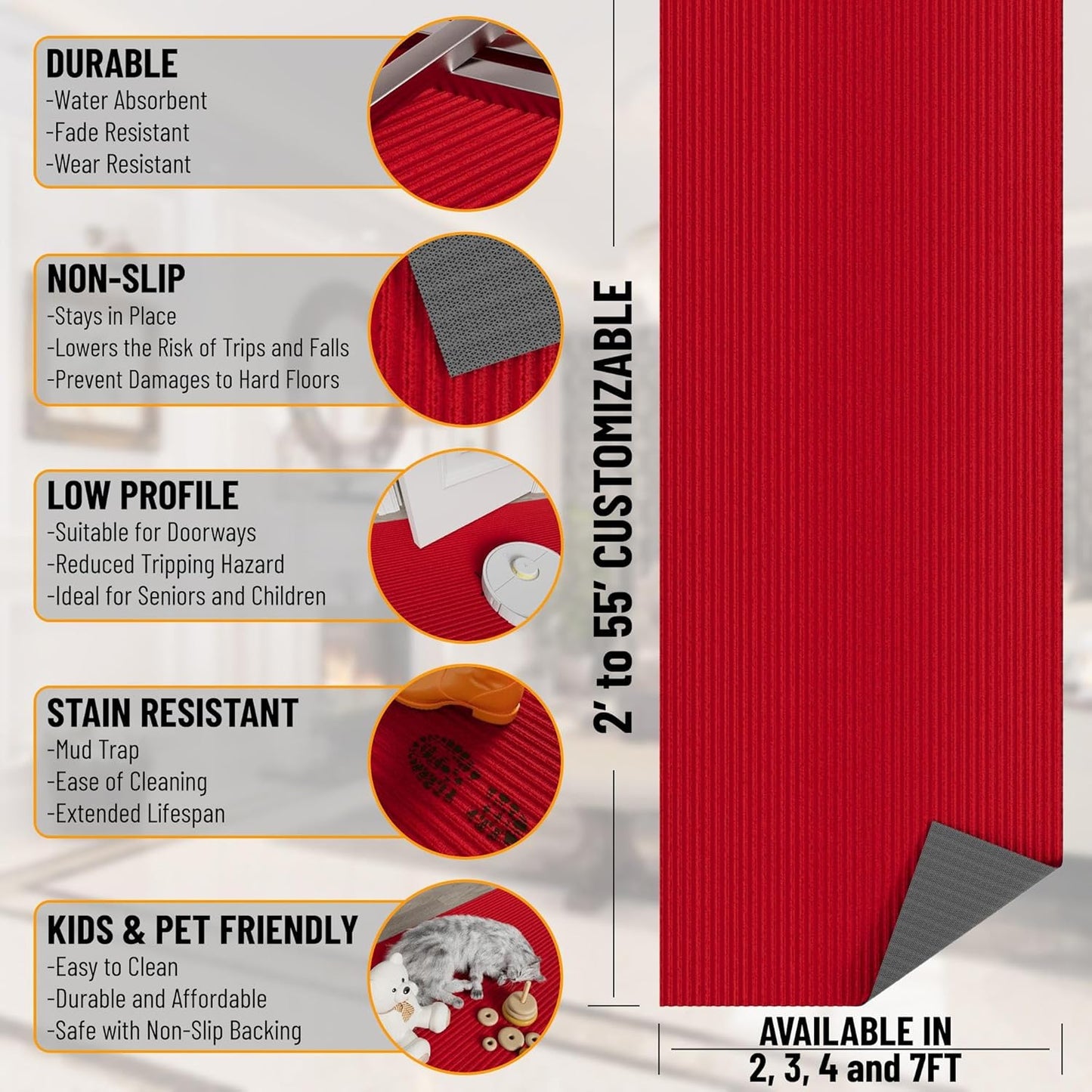 Ottomanson 2' x 30' Hallway Runner with Scraper Pile - Extra Durable Non-Slip Rug Mat for Indoor & Outdoor Use - Ideal for Kitchen, Entryway, Patio & Garage - High-Traffic Carpet, Red