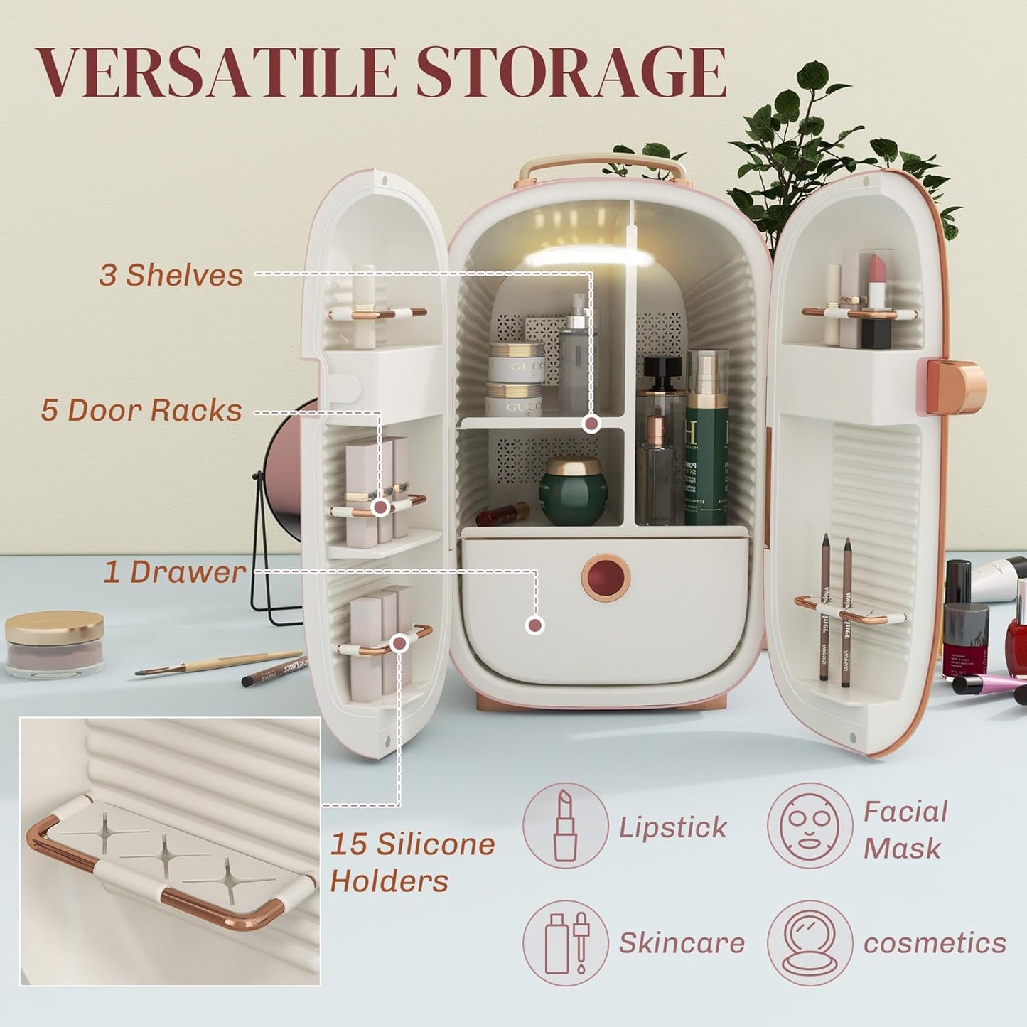 HOMCOM Portable Skincare Fridge with LED Display, 12L Mini Fridge for Beauty, Makeup and Cosmetics, Small Refrigerator Cooler for Bedroom, Home Office, Desktop, Pink