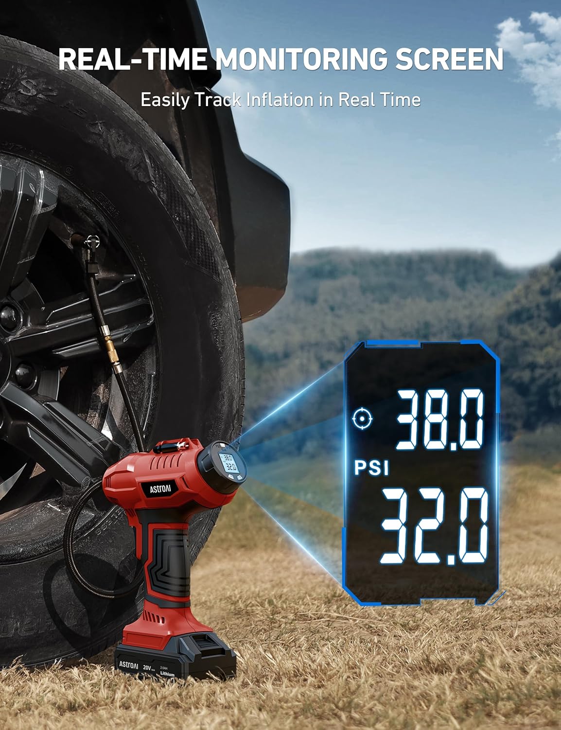 AstroAI C2 Cordless Tire Inflator Air Compressor 20V Rechargeable Battery Powered 160PSI Portable Air Pump with 12V Car Power Adapter Digital Pressure Gauge for Cars Motorcycles JY16P160-18 Red