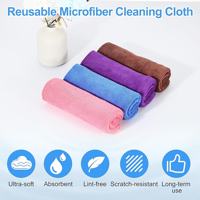 HARFINGTON 4 Pack Microfiber Cleaning Cloth, 8" x 8" Multi-Functional Cleaning Towels Reusable Absorbent Rags with Hook for Car Wash Kitchen Household Window Clean, Purple